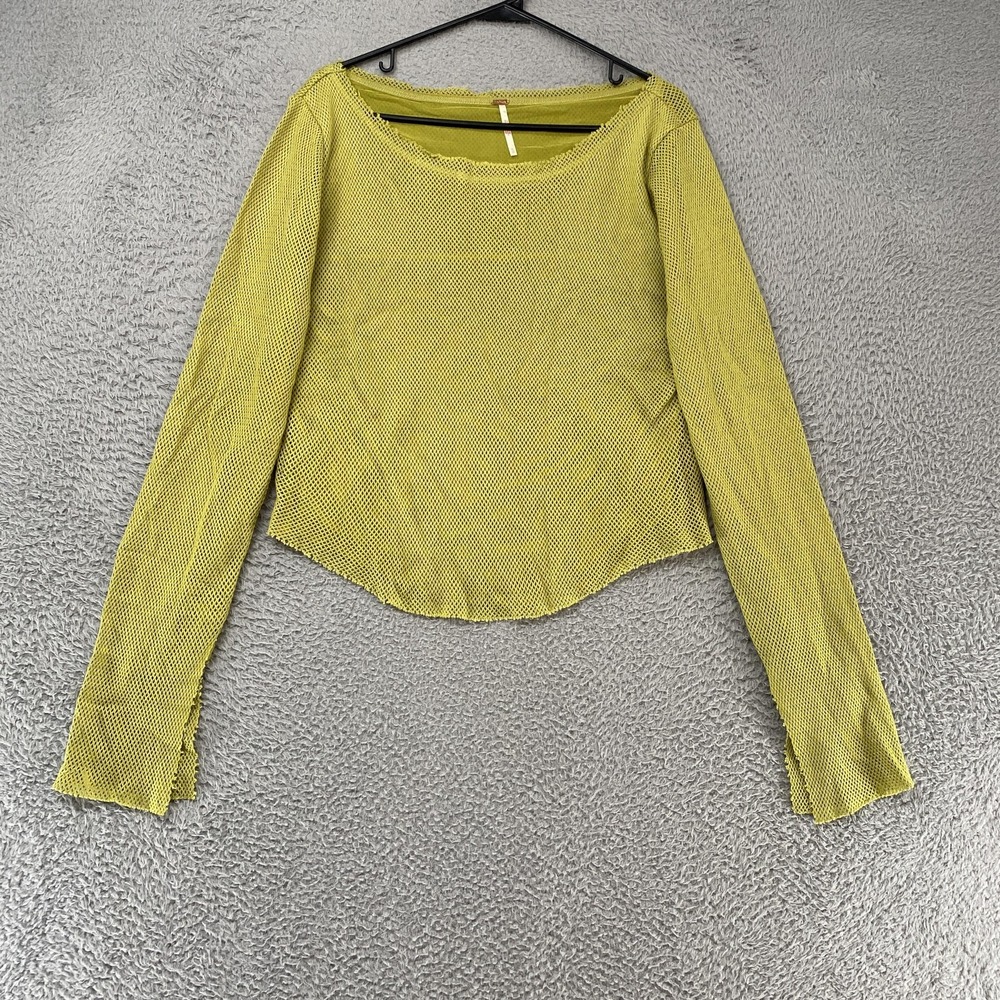 Free People Mesh Top Womens XL Fairy Green Y2K Scoop Neck Long Sleeve Boho Lined